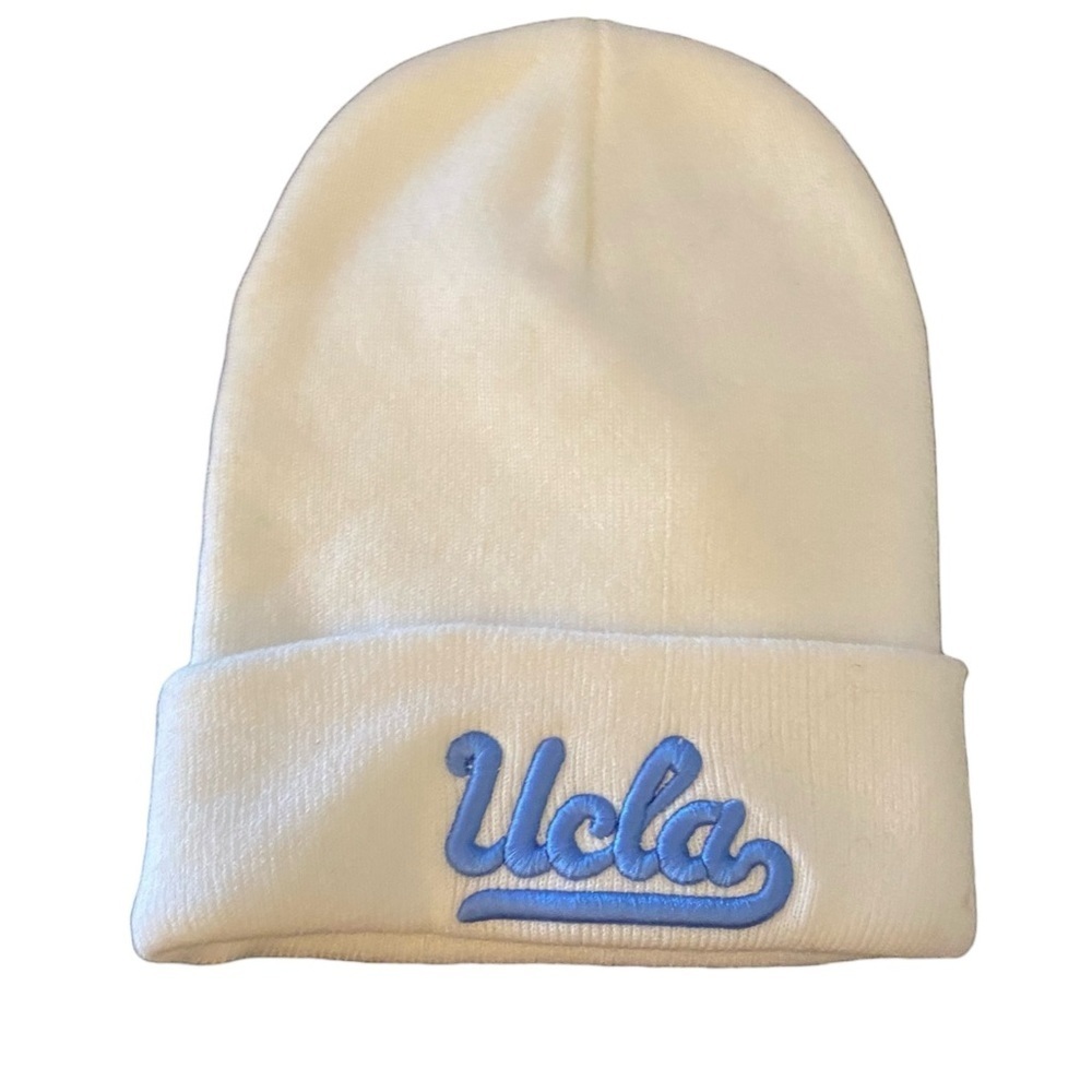 UCLA White Cuffed Ribbed Knit beanie UCLA script logo Light blue embroidered